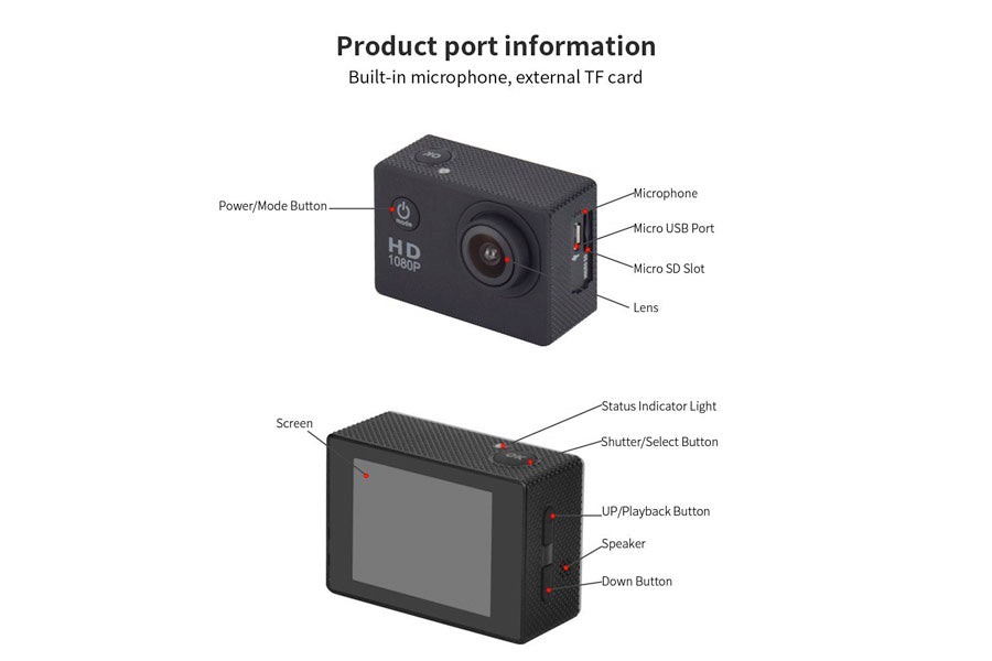 HD Action Sports Camera 1080P 2inch LCD 30m Waterproof
