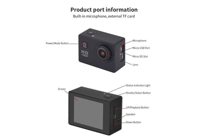 HD Action Sports Camera 1080P 2inch LCD 30m Waterproof